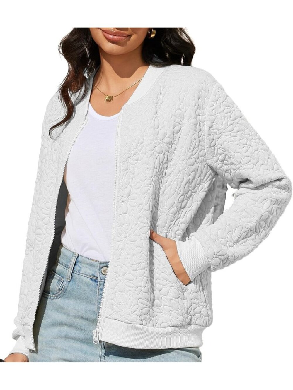 🆕Women's White Long Sleeve Full Zip Sweatshirt Casual Jacket With Pockets